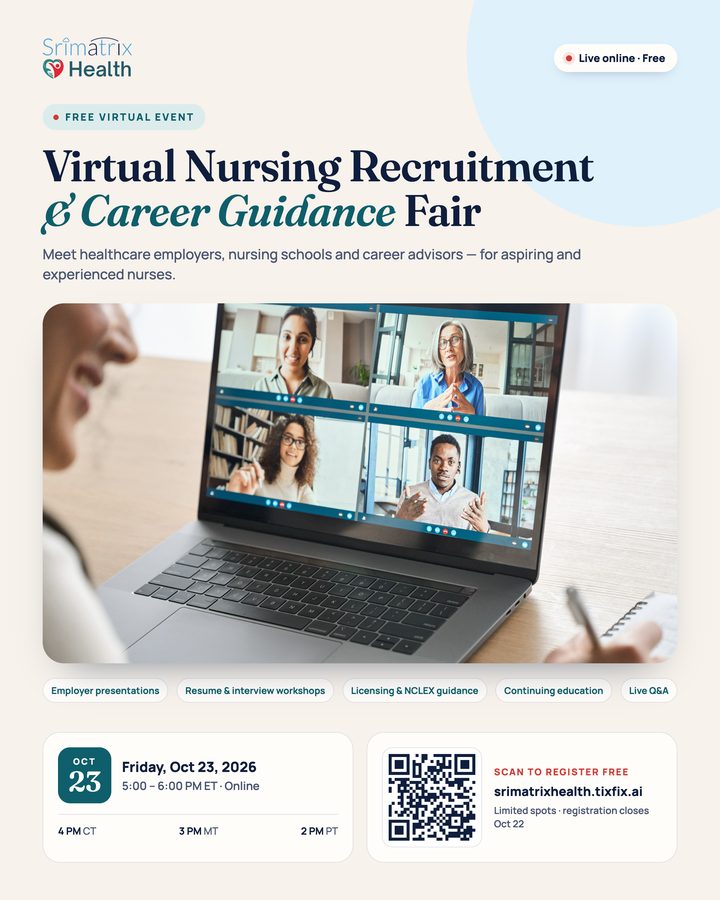 The event flyer: Virtual Nursing Recruitment & Career Guidance Fair, Friday, Oct 23, 2026, 5–6 PM ET, online, with a QR code to register.